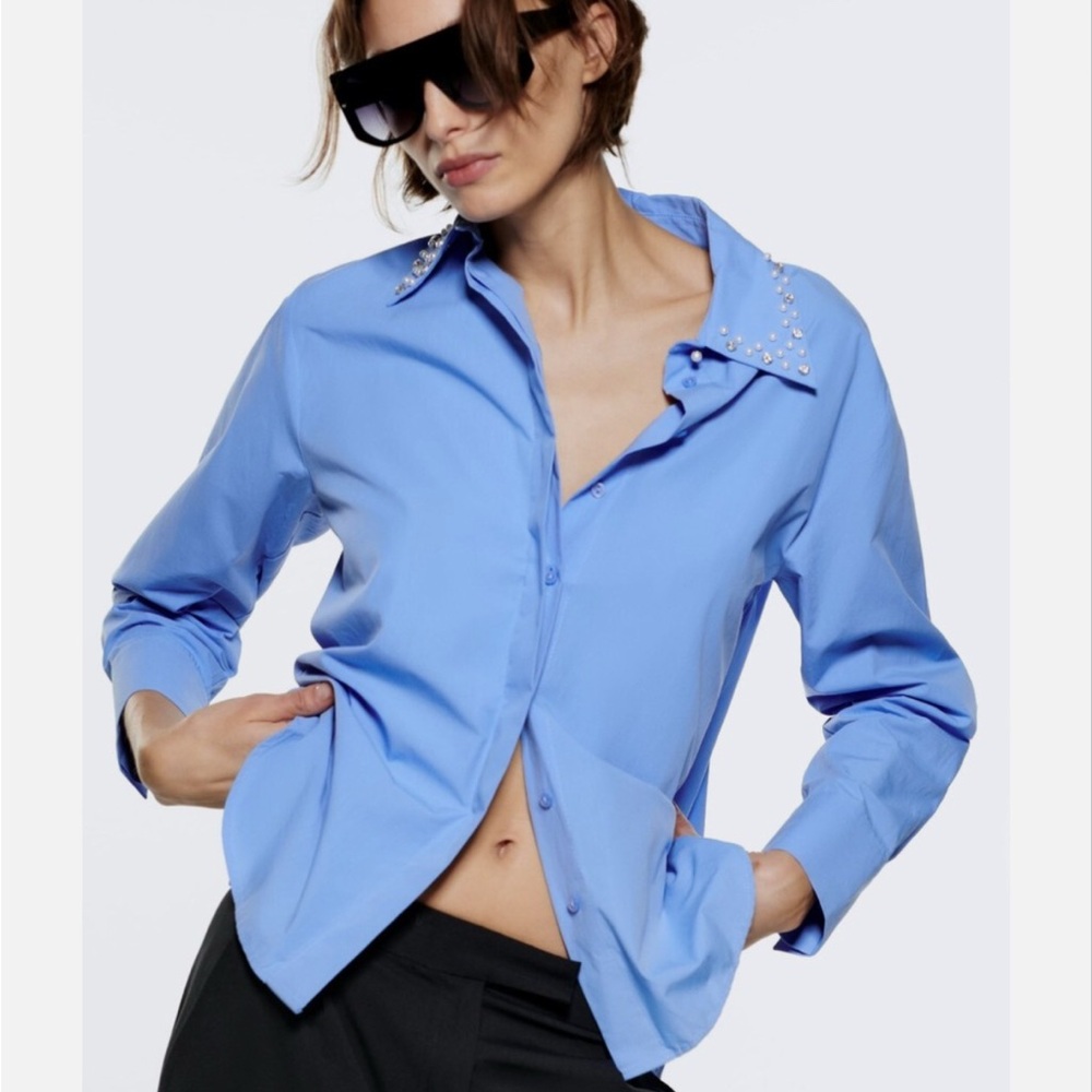 ZARA BEJEWELED COLLAR BLUE COTTON SHIRT size M